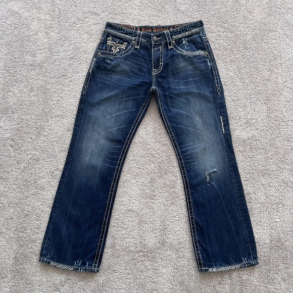 Rock Revival Richie Relaxed Straight Jeans Mens 34x31 Blue Distressed